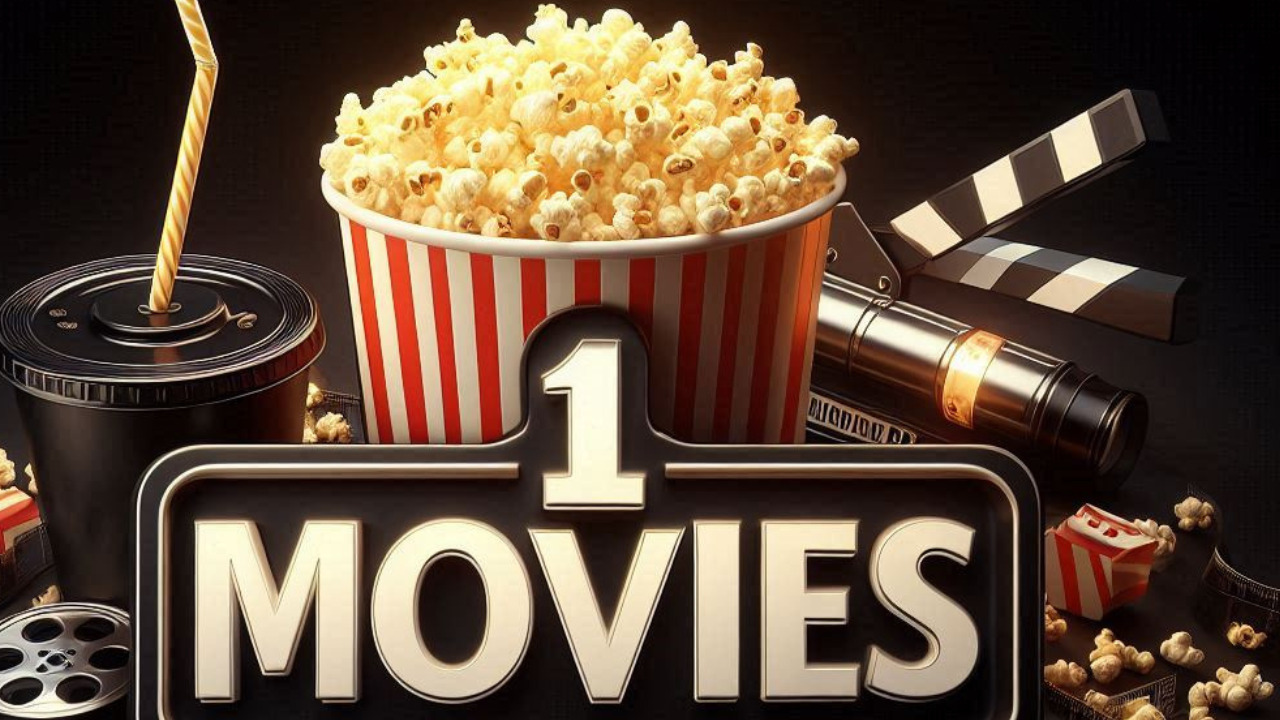 A cinematic-themed image featuring a large, central 3D text that reads “1 MOVIES” with a stylized number one. Surrounding elements include a bucket of popcorn with some pieces scattered around, a film clapperboard to the left, two film reels in the foreground, and a cup with a straw presumably containing a beverage to the right. The background is dark, enhancing the objects which are highlighted as if under spotlights.